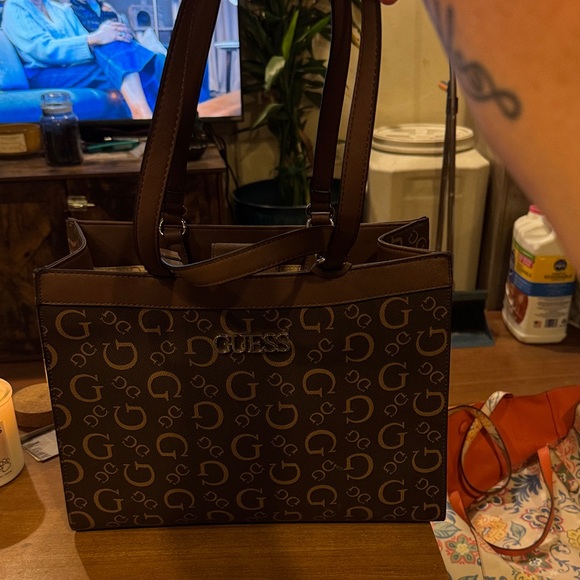 Guess Dark Brown Logo Tote - Picture 1 of 5